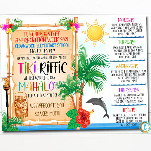 EDITABLE Hawaiian Themed Teacher Appreciation Week Itinerary Beach Theme Poster Appreciation Week Schedule Events INSTANT DOWNLOAD Printable