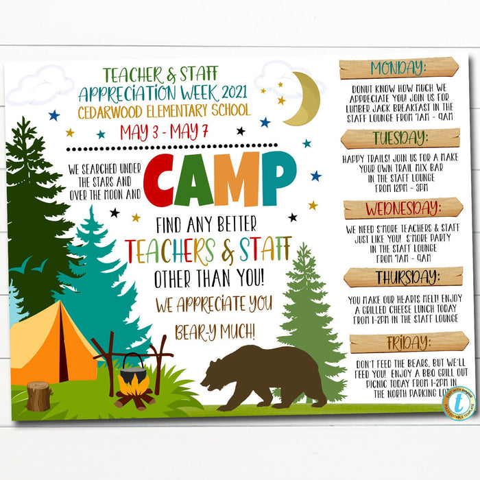 Camp Teacher Appreciation Week Itinerary, Camp Theme Outdoor Wilderness Happy Trails Schedule Events Printable, DIY EDITABLE TEMPLATE