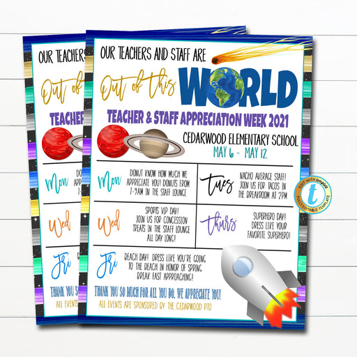 Outer Space Teacher Appreciation Week Itinerary, You&#39;re Out of This World, Staff Employee Volunteer Schedule Events, DIY EDITABLE TEMPLATE