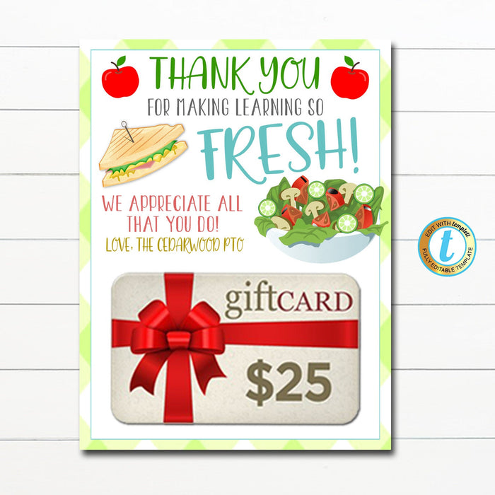 Teacher Gift Card Holder, Thank you for making learning so fresh, Staff Teacher Appreciation Week, Lunch Thank You, DIY Editable Template