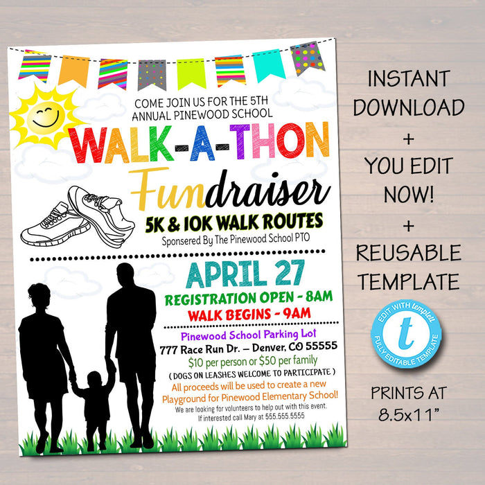 Walkathon Fundraiser Flyer, School Community Fundraising Event Charity Race Run Benefit, Fun Run Template 5k 10k Race, Printable EDITABLE