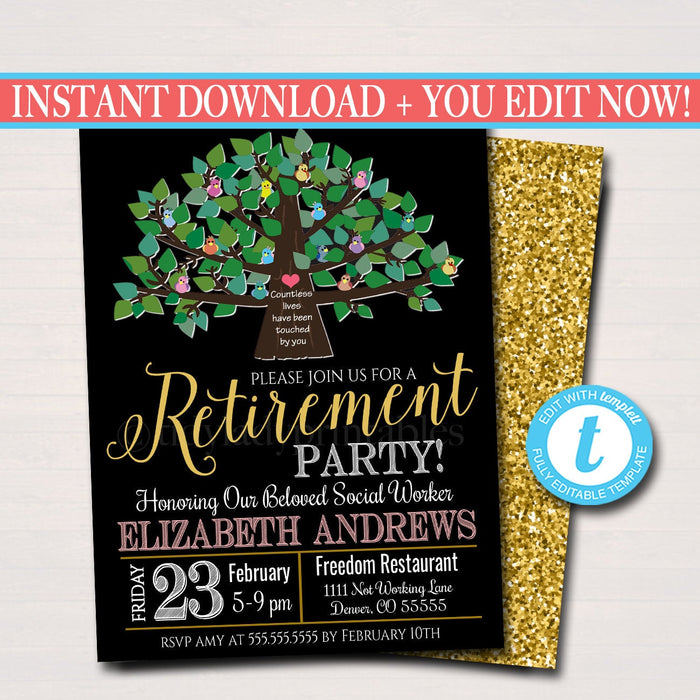 Editable Surprise Retirement Invitation Black Gold Printable Digital Teacher, Nurse, Invite Retirement Party String Lights, INSTANT DOWNLOAD