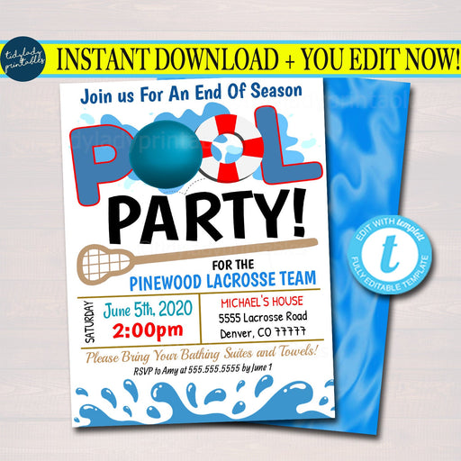 EDITABLE Summer Pool Lacrosse Party Invitation, Printable Digital Invite Back to School, Team BBQ Party, End of School, Boys Pool Birthday