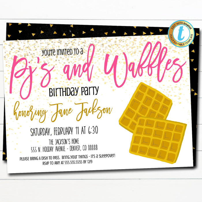 Pajamas & Waffles Party Invitation, Kid Teen Girls Sleepover Birthday Party Breakfast at Night Invite Template, DIY Self-Editing Download