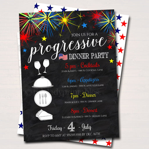 4th of July Progressive Dinner Party Invitation, Neighborhood Potluck Party Invite Chalkboard Printable, House Round Robin EDITABLE TEMPLATE