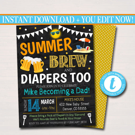 Summer Beer Baby Shower Invitation, Dad Diaper Party, Chalkboard Printable Baby Sprinkle Couples BBQ Grill Shower Invite, EDITABLE TEMPLATE