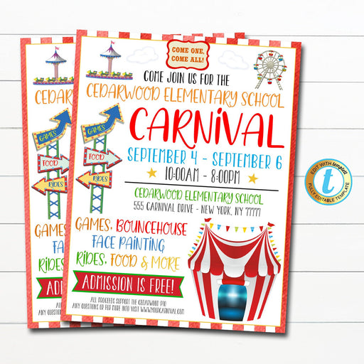 EDITABLE Carnival Flyer, Printable PTA PTO Flyer, School Church Benefit Fundraiser Event Poster, Digital Circus Party Printable Invitation