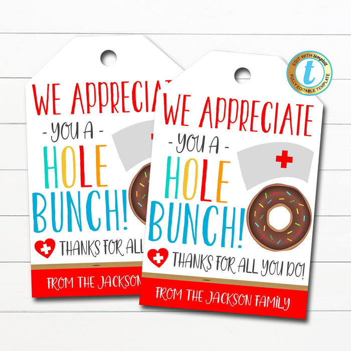 Nurse Appreciation Donut Gift Tag, Thank You Medical Hospital Staff Doctor Gift, National Nurses Appreciation Week, DIY Editable Template