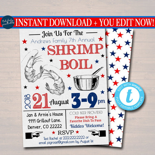 EDITABLE Shrimp Boil Invitation, Company Picnic, Family Picnic BBQ, Seafood Lobster Shrimp Boil, Barbecue Summer Backyard Party Invite