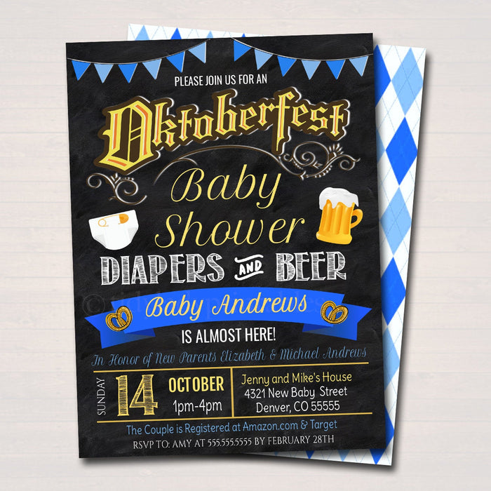 Oktoberfest Baby Shower Invite, German Theme Daddy Diapers and Beer Coed Couples Shower, Pregger Kegger Party, Baby Sprinkle, EDITABLE