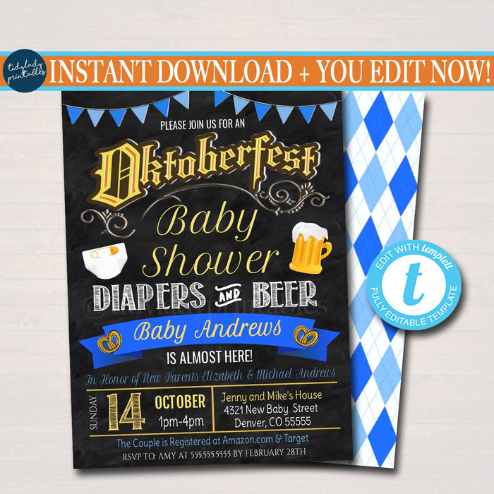 Oktoberfest Baby Shower Invite, German Theme Daddy Diapers and Beer Coed Couples Shower, Pregger Kegger Party, Baby Sprinkle, EDITABLE