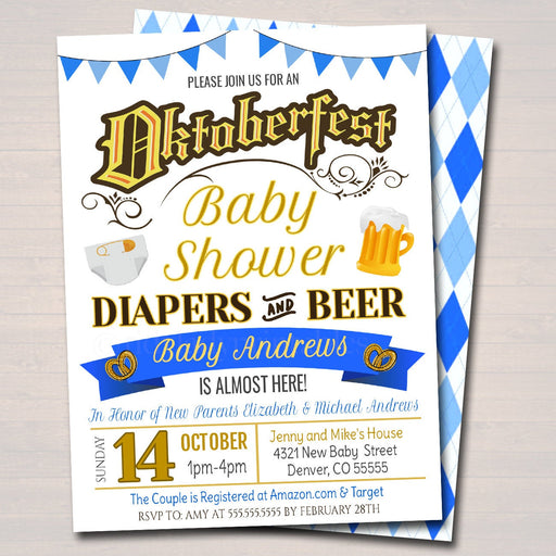 Oktoberfest Baby Shower Invite, German Theme Daddy Diapers and Beer Coed Couples Shower, Pregger Kegger Party, Baby Sprinkle, EDITABLE