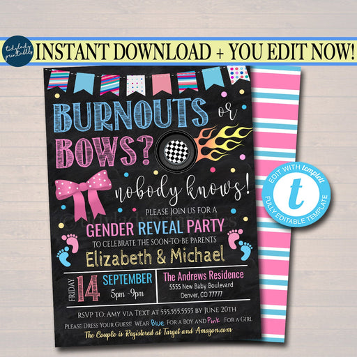 Burnouts or Bows Gender Reveal Invitation, Team Blue or Team Pink Race Car Wheels Tire Checker Flag, Coed Couples Shower, EDITABLE TEMPLATE