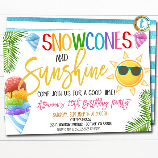 Snowcones and Sunshine Party Invitation, Printable Summer Birthday Party, Kids Girl Ice Cream Pool Bash Invitation, EDITABLE TEMPLATE