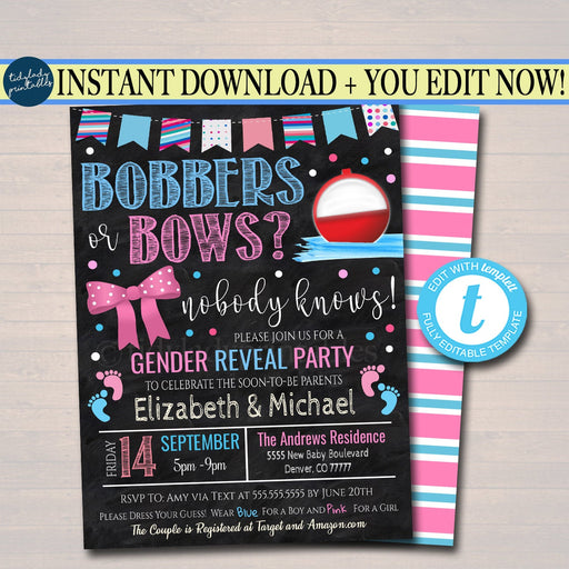 Bobbers or Bows Gender Reveal Invitation, Team Blue or Team Pink Summer Sports Fishing Baby-Q BBQ, Coed Couples Shower, EDITABLE TEMPLATE