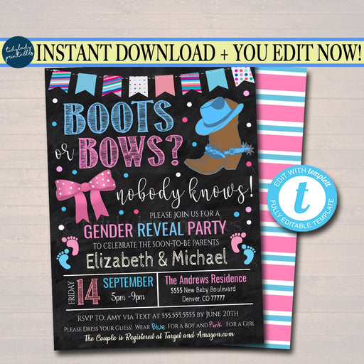 Boots or Bows Gender Reveal Invitation, Team Blue or Team Pink Barn Party Country Cowboy Cookout, Coed Couples Shower, EDITABLE TEMPLATE