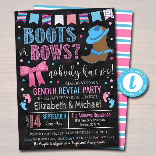 Boots or Bows Gender Reveal Invitation, Team Blue or Team Pink Barn Party Country Cowboy Cookout, Coed Couples Shower, EDITABLE TEMPLATE