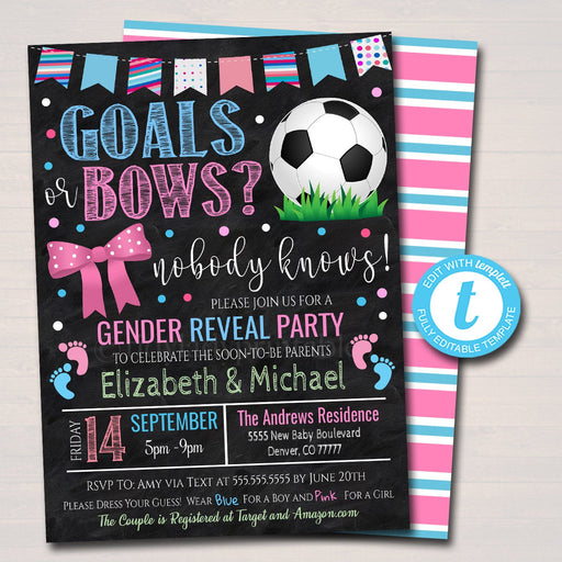 Goals or Bows Gender Reveal Invitation, Team Blue or Team Pink Summer Soccer Backyard Baby-Q BBQ, Coed Couples Shower, EDITABLE TEMPLATE