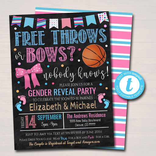 Free Throws or Bows Gender Reveal Invitation, Team Blue or Team Pink, Basketball Theme Sports Baby-Q, Coed Couples Shower, EDITABLE TEMPLATE