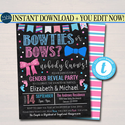 Bowties or Bows Gender Reveal Invitation, Team Blue or Team Pink, BabyQ bbq backyard Cookout Coed Couples Shower Sprinkle, EDITABLE TEMPLATE