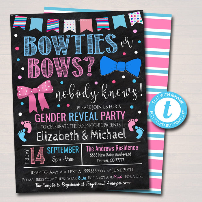 Bowties or Bows Gender Reveal Invitation, Team Blue or Team Pink, BabyQ bbq backyard Cookout Coed Couples Shower Sprinkle, EDITABLE TEMPLATE