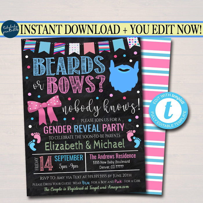 Beards or Bows Gender Reveal Invitation, Team Blue or Team Pink, BabyQ bbq backyard Cookout Coed Couples Shower Sprinkle, EDITABLE TEMPLATE