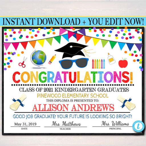 Graduation Diploma Printable Ceremony Certificate, Any Grade Kindergarten Preschool, Future is so Bright Gotta Wear Shades EDITABLE TEMPLATE