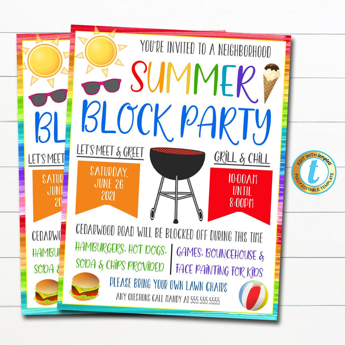 EDITABLE Neighborhood Block Party Invite, Bbq Picnic Summer Party, Announcement Flyer, Digital File, Printable Invitation, INSTANT DOWNLOAD