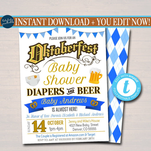 Oktoberfest Baby Shower Invite, German Theme Daddy Diapers and Beer Coed Couples Shower, Pregger Kegger Party, Baby Sprinkle, EDITABLE