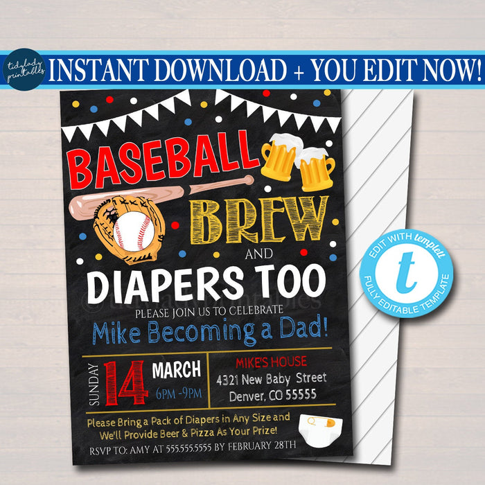 Baseball and Beer Baby Shower Invitation Chalkboard Printable Baby Sprinkle, Couples Man Dad Diaper Shower Party Invite, EDITABLE TEMPLATE