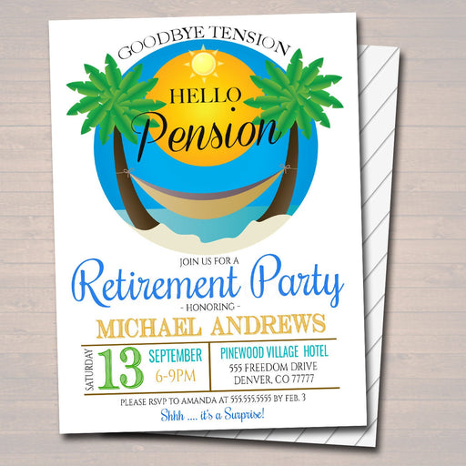 Tropical Beach Retirement Invitation, Printable Teacher, Nurse, Goodbye Tension Hello Pension, Office Boss Staff Retirement Invite, EDITABLE