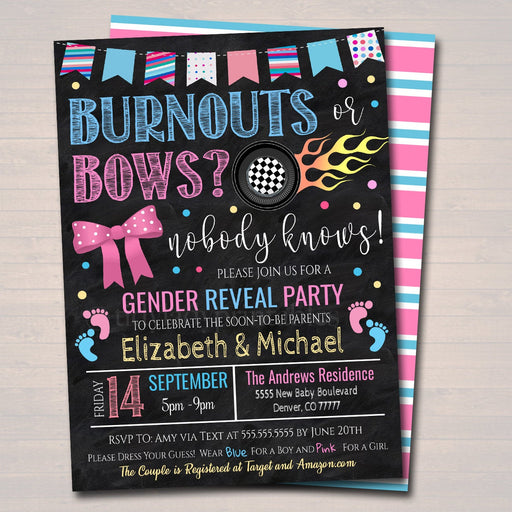 Burnouts or Bows Gender Reveal Invitation, Team Blue or Team Pink Race Car Wheels Tire Checker Flag, Coed Couples Shower, EDITABLE TEMPLATE