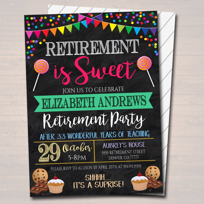 Retirement is Sweet Invitation, Printable Teacher, Nurse, Goodbye Farewell Party, Office Boss Staff Retirement Candy Theme Invite, EDITABLE