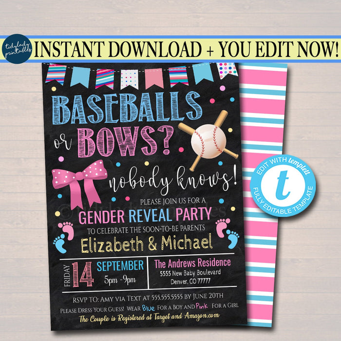 Baseballs or Bows Gender Reveal Invite | TidyLady Printables Baseballs or Bows Gender Reveal Invite | TidyLady Printables