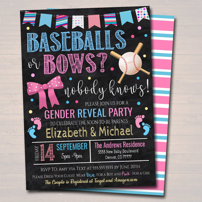 Baseballs or Bows Gender Reveal Invitation, Team Blue or Team Pink Summer Sports Backyard Baby-Q BBQ, Coed Couples Shower, EDITABLE TEMPLATE