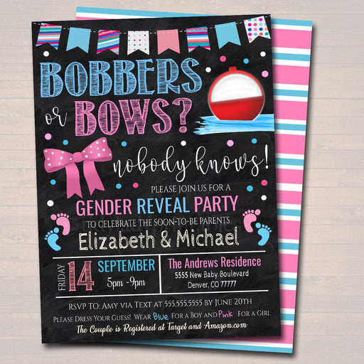 Bobbers or Bows Gender Reveal Invitation, Team Blue or Team Pink Summer Sports Fishing Baby-Q BBQ, Coed Couples Shower, EDITABLE TEMPLATE
