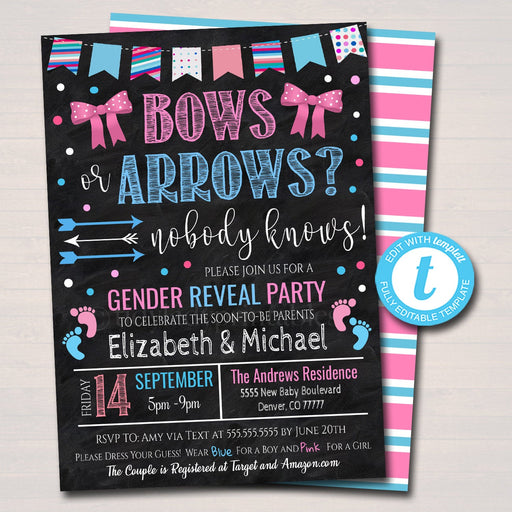 Bows or Arrows Gender Reveal Invitation, Team Blue or Team Pink, BabyQ bbq backyard Cookout Coed Couples Shower Sprinkle, EDITABLE TEMPLATE