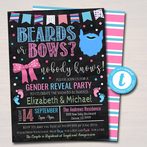 Beards or Bows Gender Reveal Invitation, Team Blue or Team Pink, BabyQ bbq backyard Cookout Coed Couples Shower Sprinkle, EDITABLE TEMPLATE