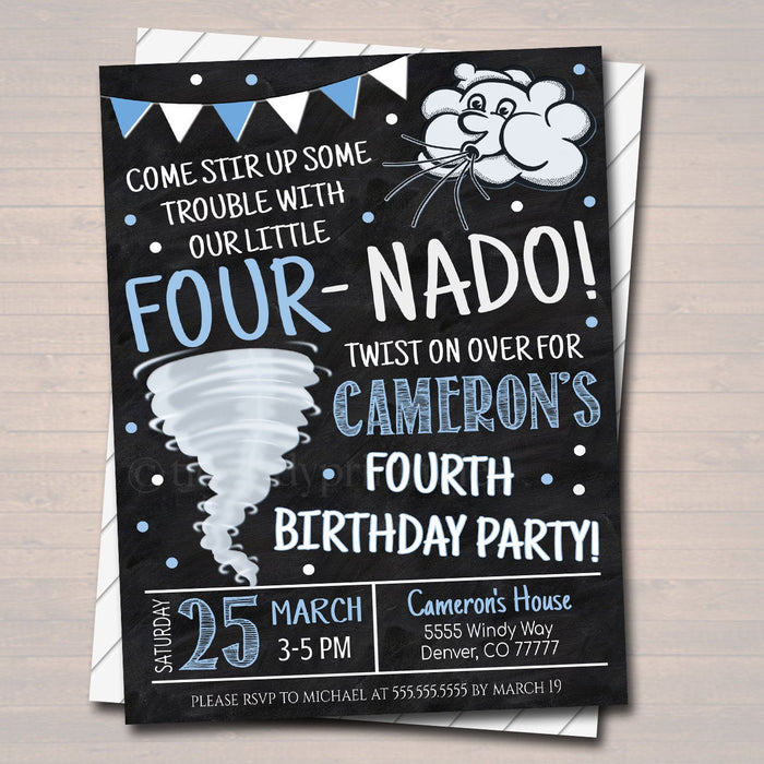 Tornado Birthday Party Invitation, Storm Chaser Fourth Birthday Four-nado Kids Party, Boys Twister Birthday Invite, DIY EDITABLE Template