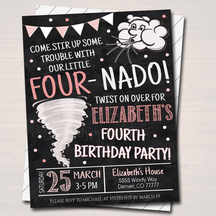 Tornado Birthday Party Invitation, Storm Chaser Fourth Birthday Four-nado Kids Party, Girls Twister Birthday Invite, DIY EDITABLE Template