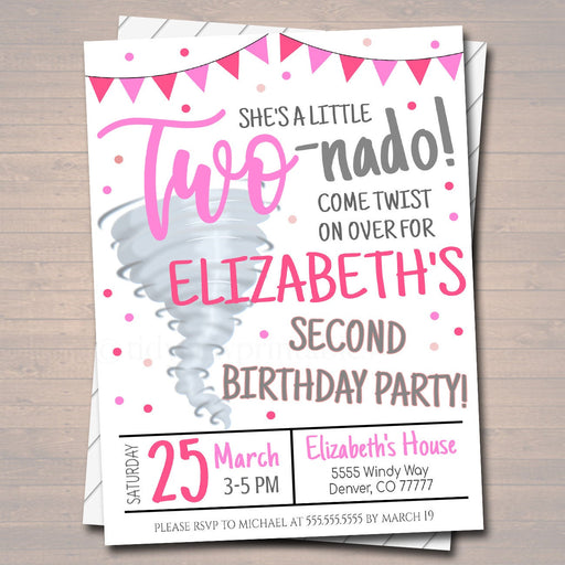 Tornado Birthday Party Invitation, Storm Chaser Second Birthday Two-nado Kids Party, Girls Twister Birthday Invite, DIY EDITABLE Template