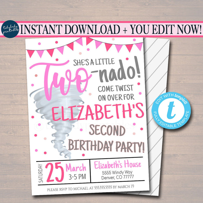 Tornado Birthday Party Invitation, Storm Chaser Second Birthday Two-nado Kids Party, Girls Twister Birthday Invite, DIY EDITABLE Template