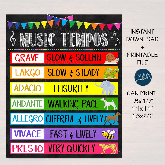 Music Tempos PRINTABLE Poster, Music Band Teacher Classroom Wall Art, Music Theory Classroom Decor, Music Teacher Gfts, INSTANT DOWNLOAD