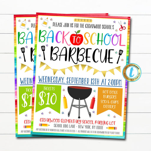 Back to School Bbq Flyer, Pto Pta School Fundraiser Printable Flyer First Day of School Barbecue Teacher Party Picnic, DIY EDITABLE TEMPLATE