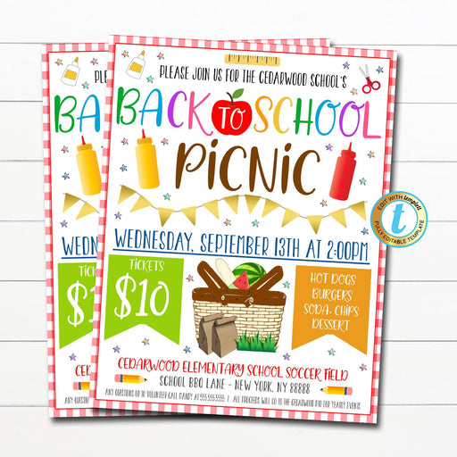Back to School Picnic Flyer, Pto Pta School Fundraiser Printable Flyer First Day of School Bbq, Teacher Party Picnic, DIY EDITABLE TEMPLATE