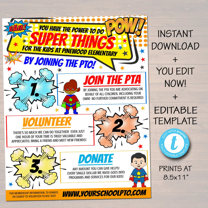 EDITABLE PTO PTA Recruitment Flyer, Printable Handout, School Fundraiser Event, Why Volunteer Handout Template, Newsletter, Superhero Theme