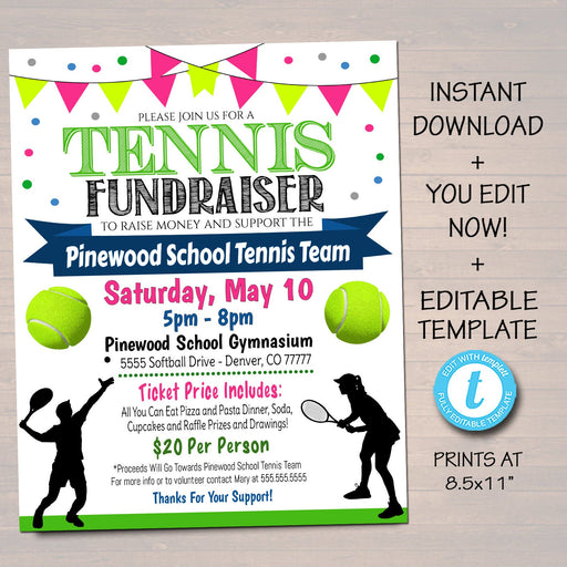 EDITABLE Tennis Fundraiser Flyer, Printable PTA PTO Flyer, School Benefit Fundraiser Event Poster Digital Party Tennis Tournament Invitation