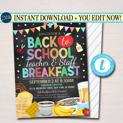 Back to School Teacher Staff Brunch Flyer PTO PTA School Fundraiser Back to School Breakfast Invitation Template Printable Download Editable