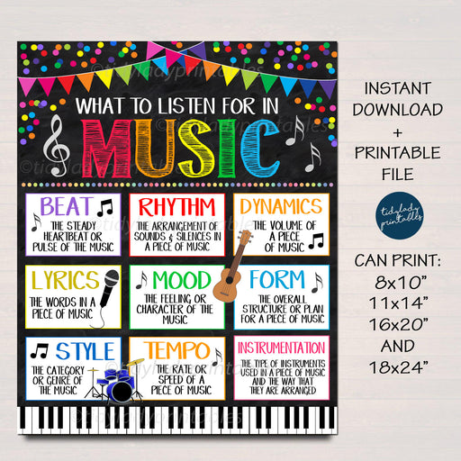 Music Teacher Classroom Rules Printable Poster, Classroom Decor Teacher Performing Arts, What to Listen For in Music Sign INSTANT DOWNLOAD
