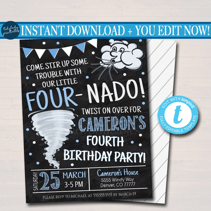 Tornado Birthday Party Invitation, Storm Chaser Fourth Birthday Four-nado Kids Party, Boys Twister Birthday Invite, DIY EDITABLE Template